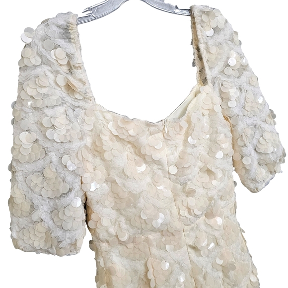 Nwt Fanco Off Shoulder Creme Lace Mesh Sequin Short Sleeve Square Neck  Dress - Picture 11 of 17